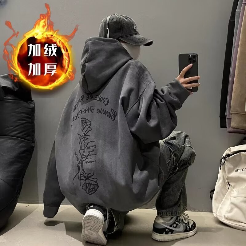 Multi-color Suede Fleece-lined Hooded Sweatshirt For Men Spring And Autumn Heavy-duty Stylish Couple's Designer Hoodie Loose Oversized Trendy Jac