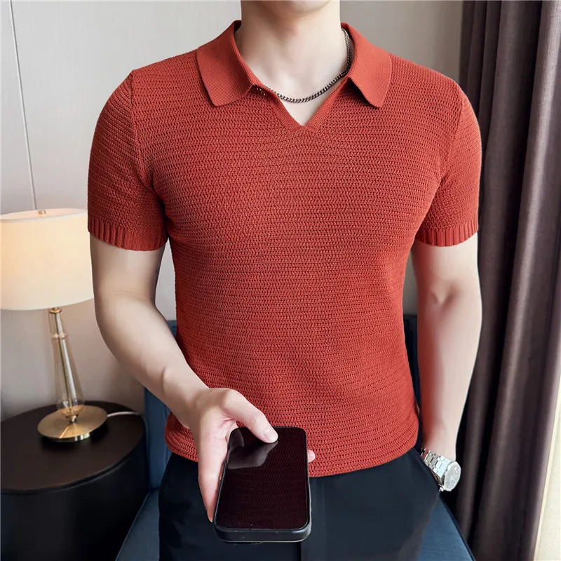 Men Knitted Polo Shirt Short Sleeved Summer Light Thin Hollow Solid Casual Top Elastic Slim Fit V-neck T-shirt Men Clothing 260311