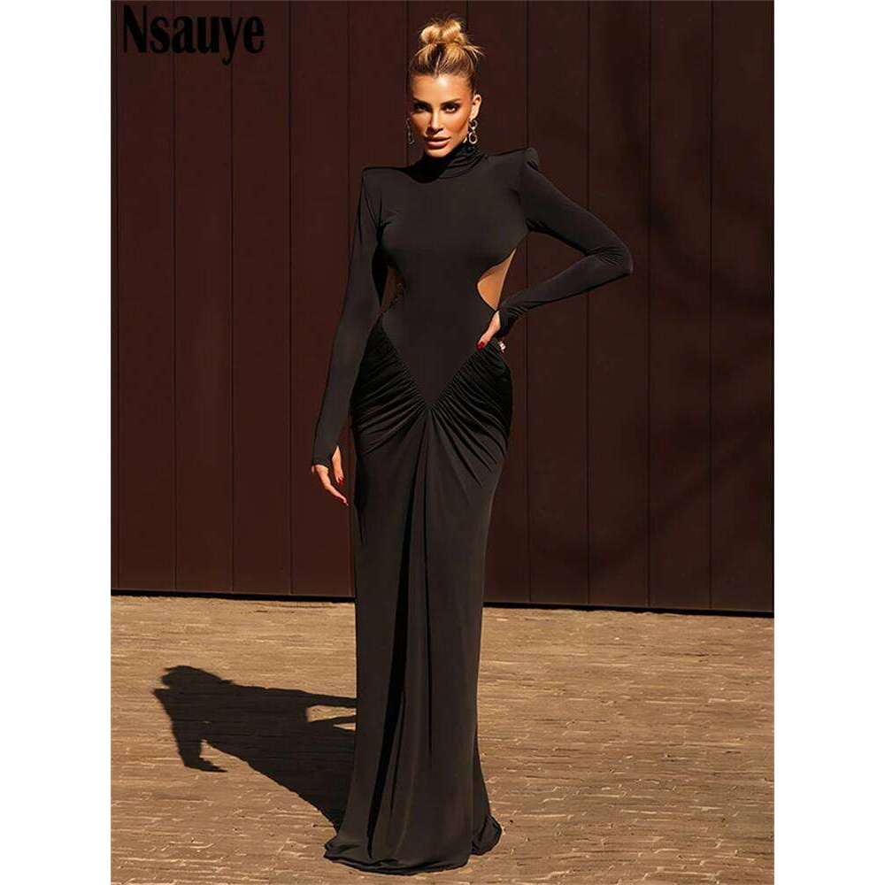 Nsauye Fashion Elegant Pullover Sexy Long Sleeve Club Evening Party Maxi Women Turtleneck 2025 Cut Out Dress C260311