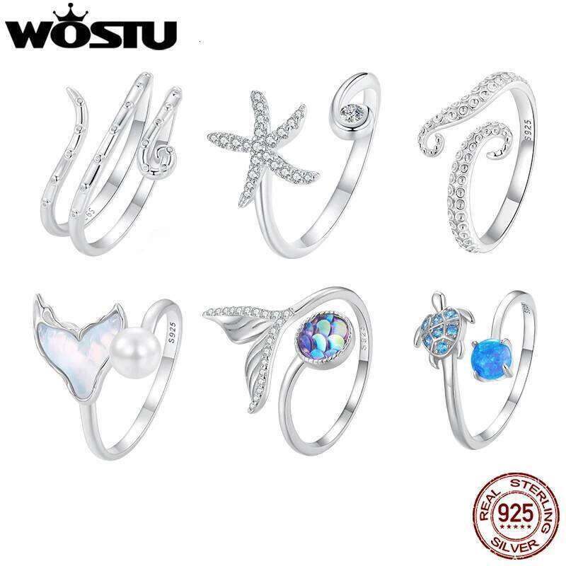 WOSTU 925 Sterling Silver Starfish Sea Turtle octopus Opening Women Cute Ocean Animal Stackable Statement Rings Party Gift H260312
