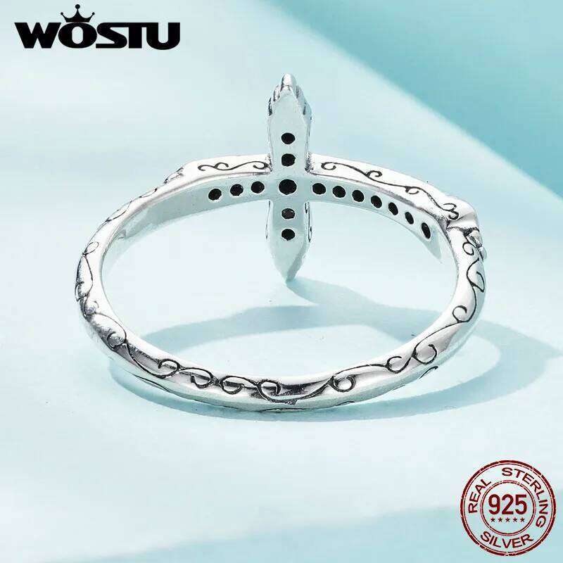 WOSTU Vintage 925 Sterling Silver Black Zircon Cross Rings For Women Retro Punk stackable Ring Hip Hop Jewelry Gift CQR930 H260312