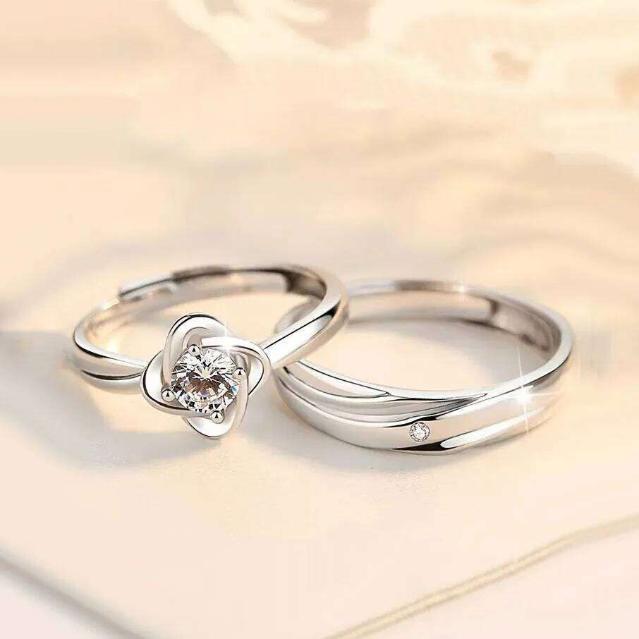 Couple's Four-Leaf Clover Rings Open Finger Silver Wedding Bands Custom Valentine's Day Gift Lucky Birthday Jewelry W260311