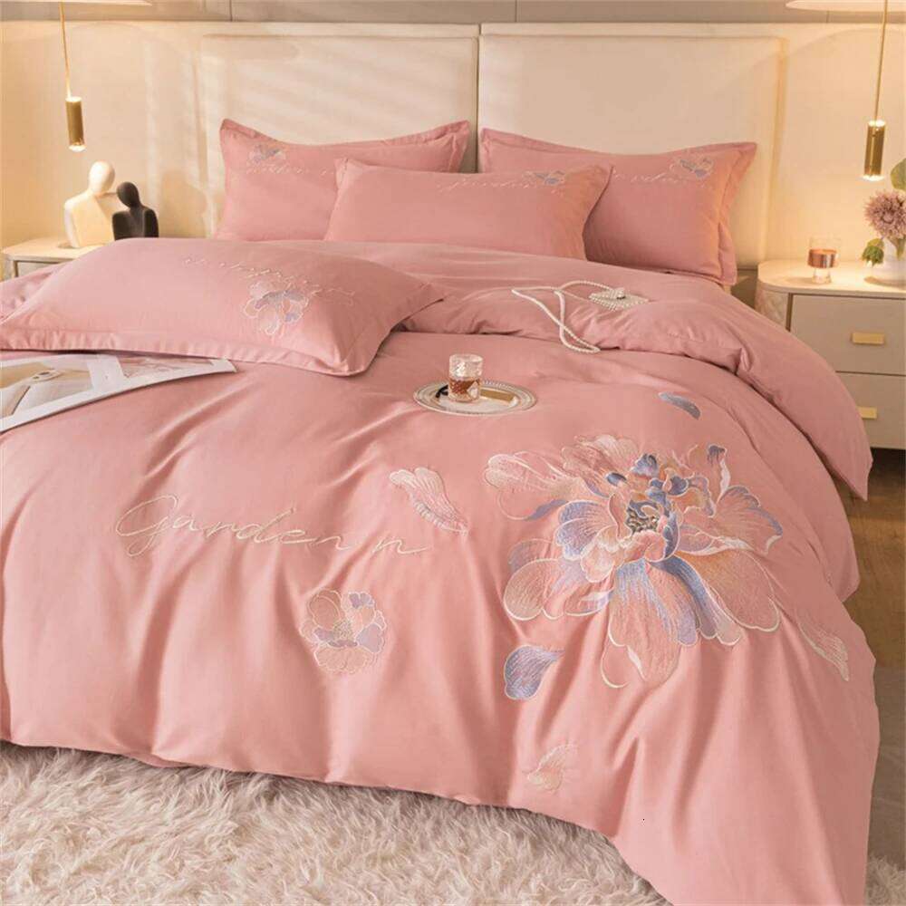 Flowers Embroidery Bedding Brushed Four-Piece Bedroom Decor High Precision Duvet Cover Set Bed Sheet Pillowcases H260312