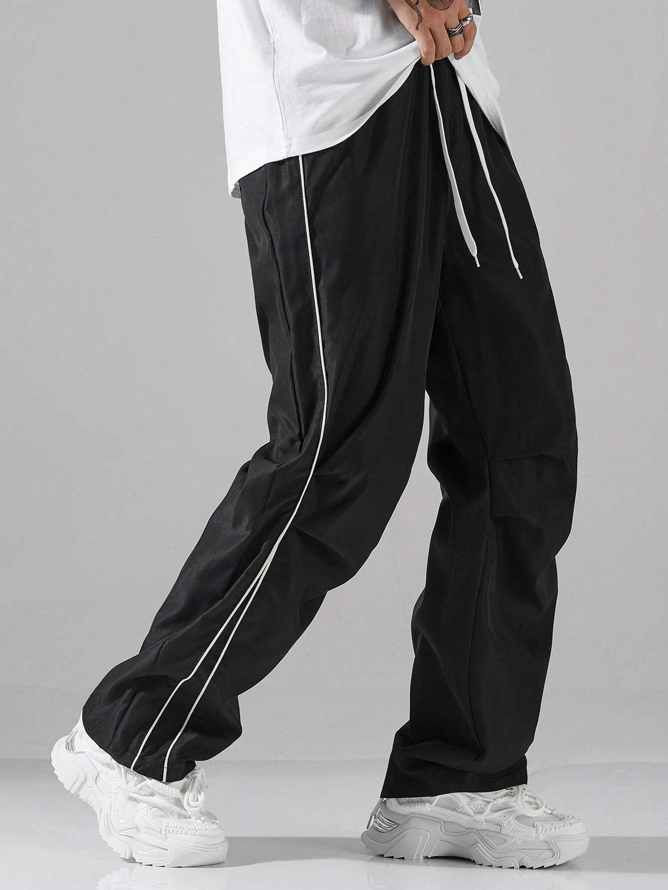 Larbulse Men Contrast Trim Trouser Fashion Casual Pants Solid Color Breathable Loose Straight Drawstring Pants Streetwear 260311