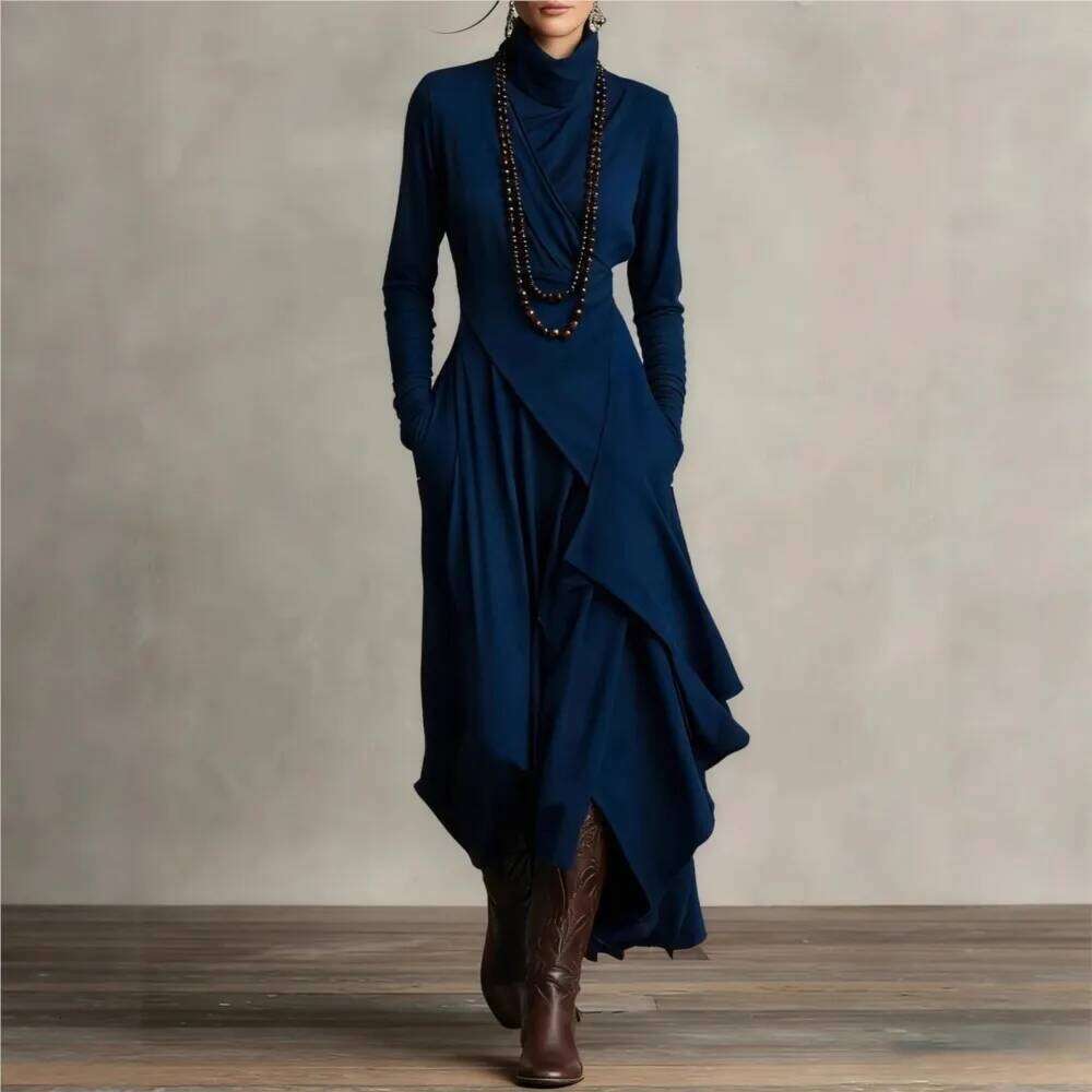 Irregular Solid Color Sleeve Spring Autumn Women's New Cross High Neck Long Dress Vestidos Para Ropa Mujer C260312