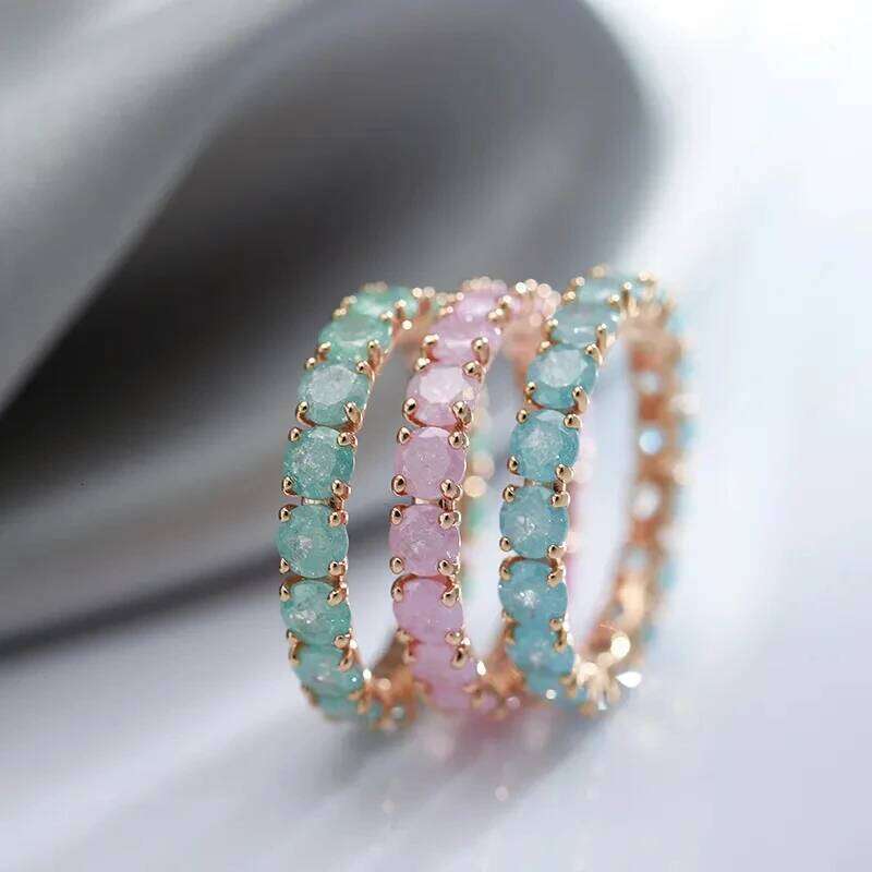 Wbmqda 585 Rose Gold Color Oval Multicolor Stone Ring For Women Pink/Blue/Green Natural Zircon Setting Luxury Fashion Jewelry H260312