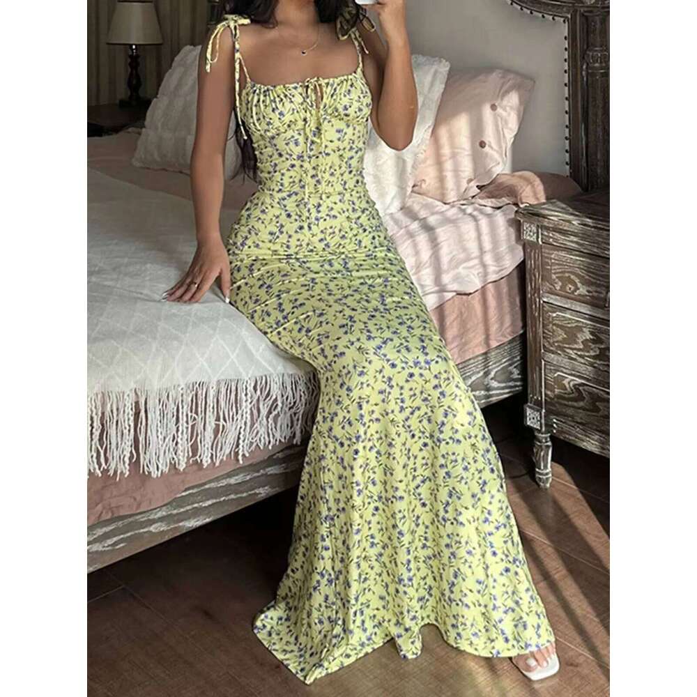 2025 Summer Floral Midi Women Spaghetti Strap Tie-up V-neck Split Dress Sexy Vintage Elegant Dresses Female C260312