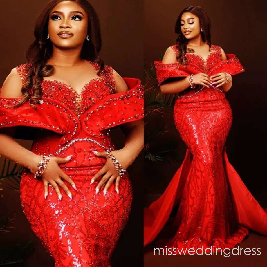 Plus Size Prom Dress With Detachable Train Red Mermaid Promdress Evening Formal Dresses For Women Sheer Neck Beaded Lace Second Reception Gowns Vestid