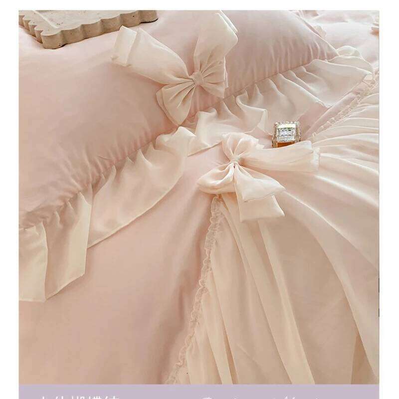 Korean Princess Style Bedding Girl Heart Solid Color Double Sheets Washed Cotton Ruffled Bed Cover Sheet Quilt Set H260312