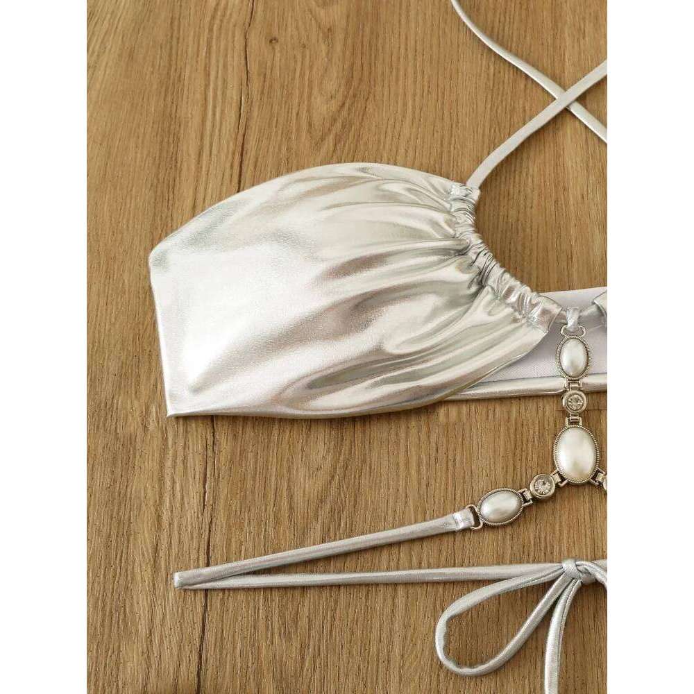 Bikini Women Swimsuit 2026 New Gold Halter Lace Bikinis Set Sexy Swimwear Cover Up Two Piece Beach Bathing Suit Female Y260303