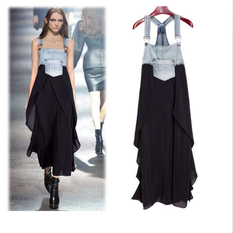 New fashion ruffled long loose-fitting European and American plus-size denim suspender skirt, large hem dress, in stock 2026