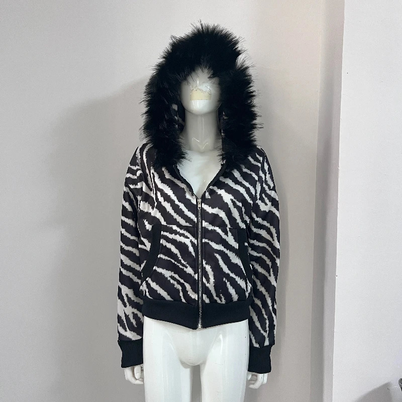 Y2K leopard print personalized fashionable European and American autumn and winter slim-fitting short fur collar sweater zipper 260311