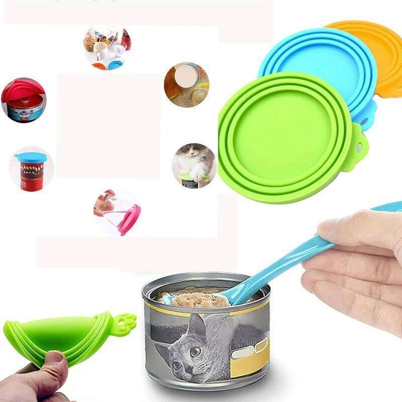 2pcs/set Reusable Pet Food Can Silicone Dogs Cats Storage Tin Cap Lid Seal Cover with Spoon 26Y0312