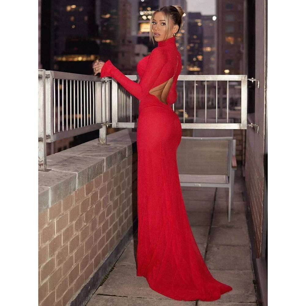Party Dresses For Women Fashion Sexy Streetwear Solid Hollow Out Turtleneck Full Sleeves Slim Elegant Long Vestidos Robes Female C260312