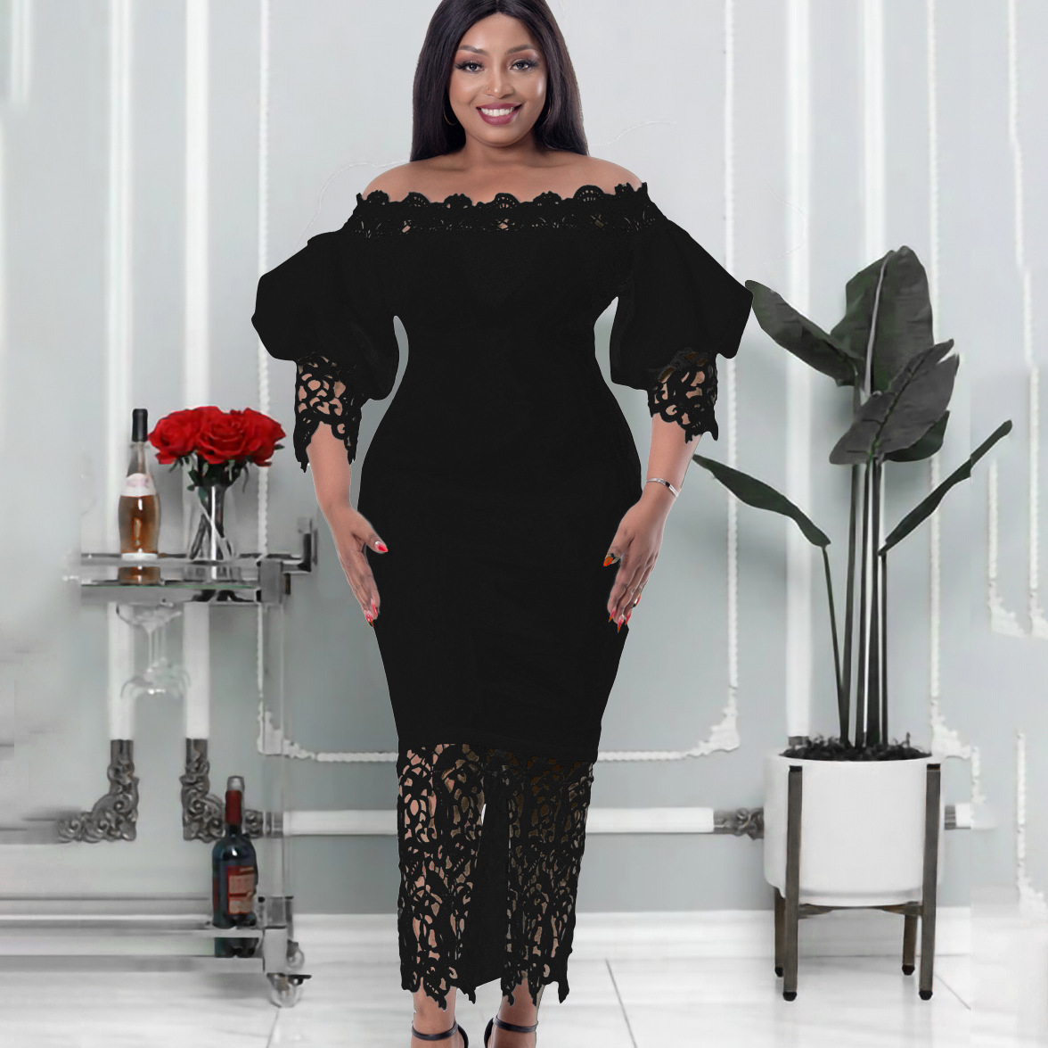 D247 New Off-Shoulder Bodycon Lace Patchwork Lantern Sleeve Dress
