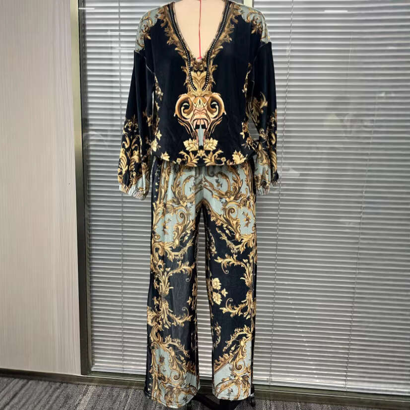 Trade Women S Clothing Early Spring Holiday Style Retro V Neck Korean Velvet Printed Suit For Women