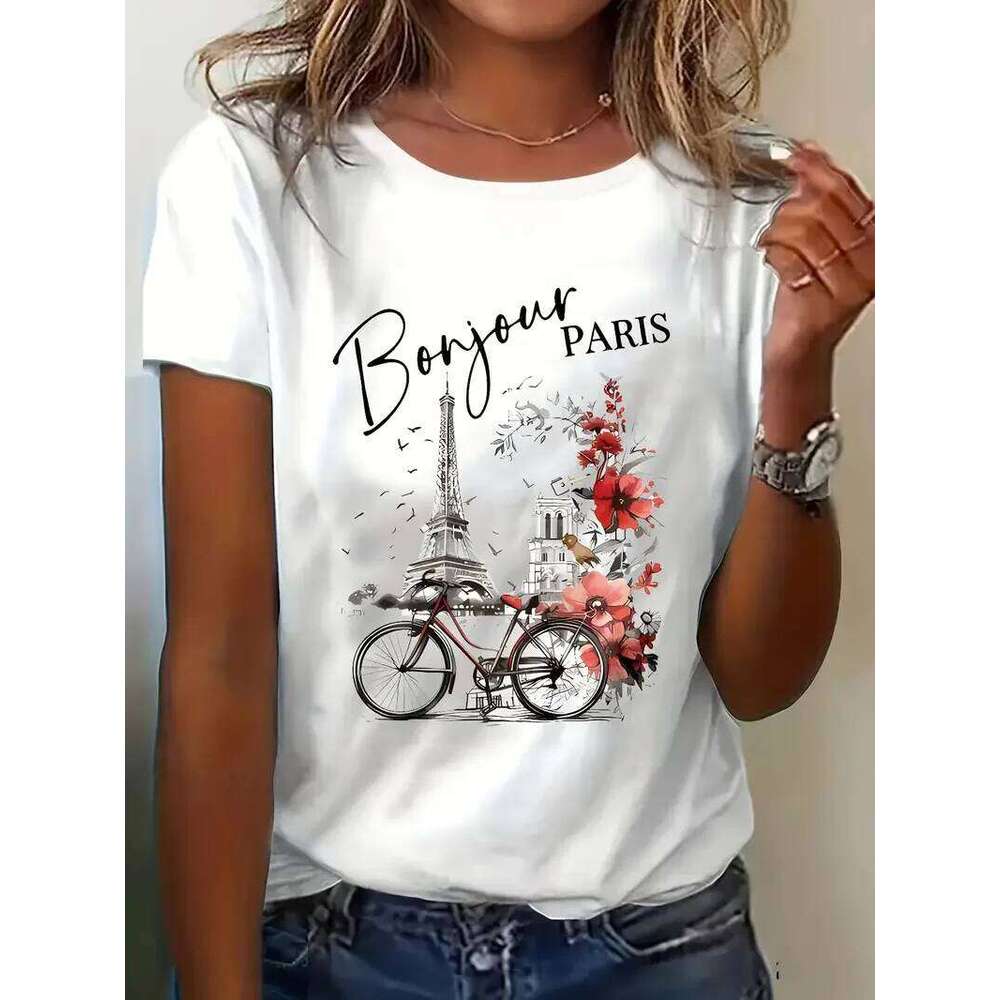 Fashion Bonjour Paris Text Print Short Sleeve Printed T Shirt Casual Women's T-Shirt Graphic Clothing Top Tee Z260312