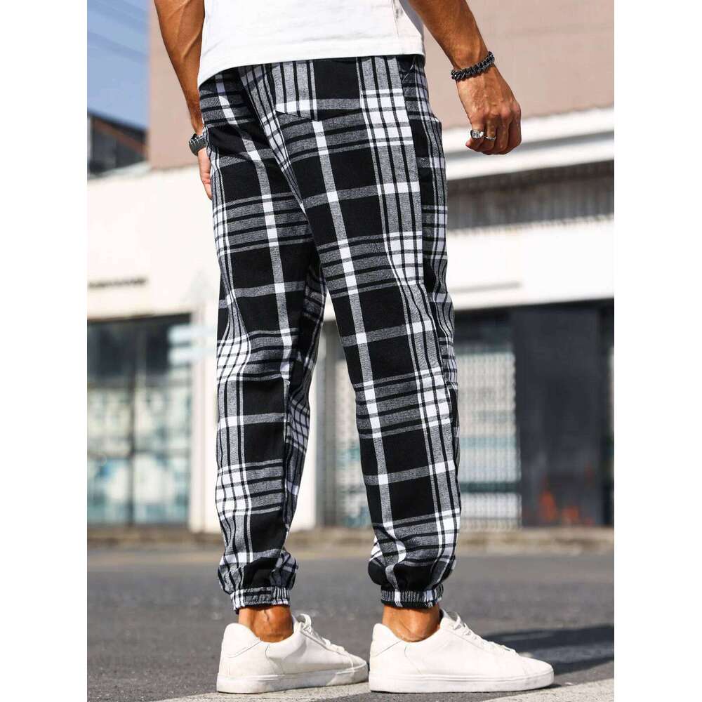 Men's Plaid Print Cuffed Casual Trousers Comfortable Sleepwear Pajamas Pants for Relaxed Style