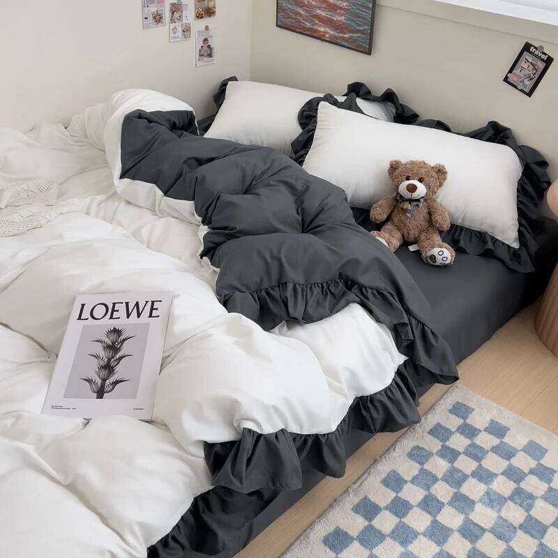 Ins Princess Bedding 2024 New Duvet Cover Fresh Blue Solid Color Floral Wrinkled Yann Set Of Four Pieces Bed Sheets H260312