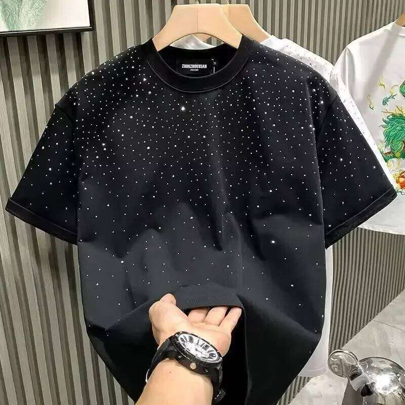 Rhinestone Rivet for Men Clothing Round Neck Casual T-shirt Fashion High Street Men's Summer Short Sleeves 26H0312