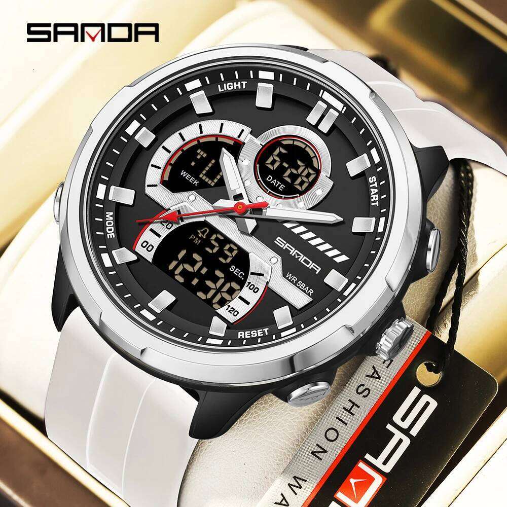 SANDA new 9077 men's sports multifunctional dual display waterproof LED night light student electronic watch