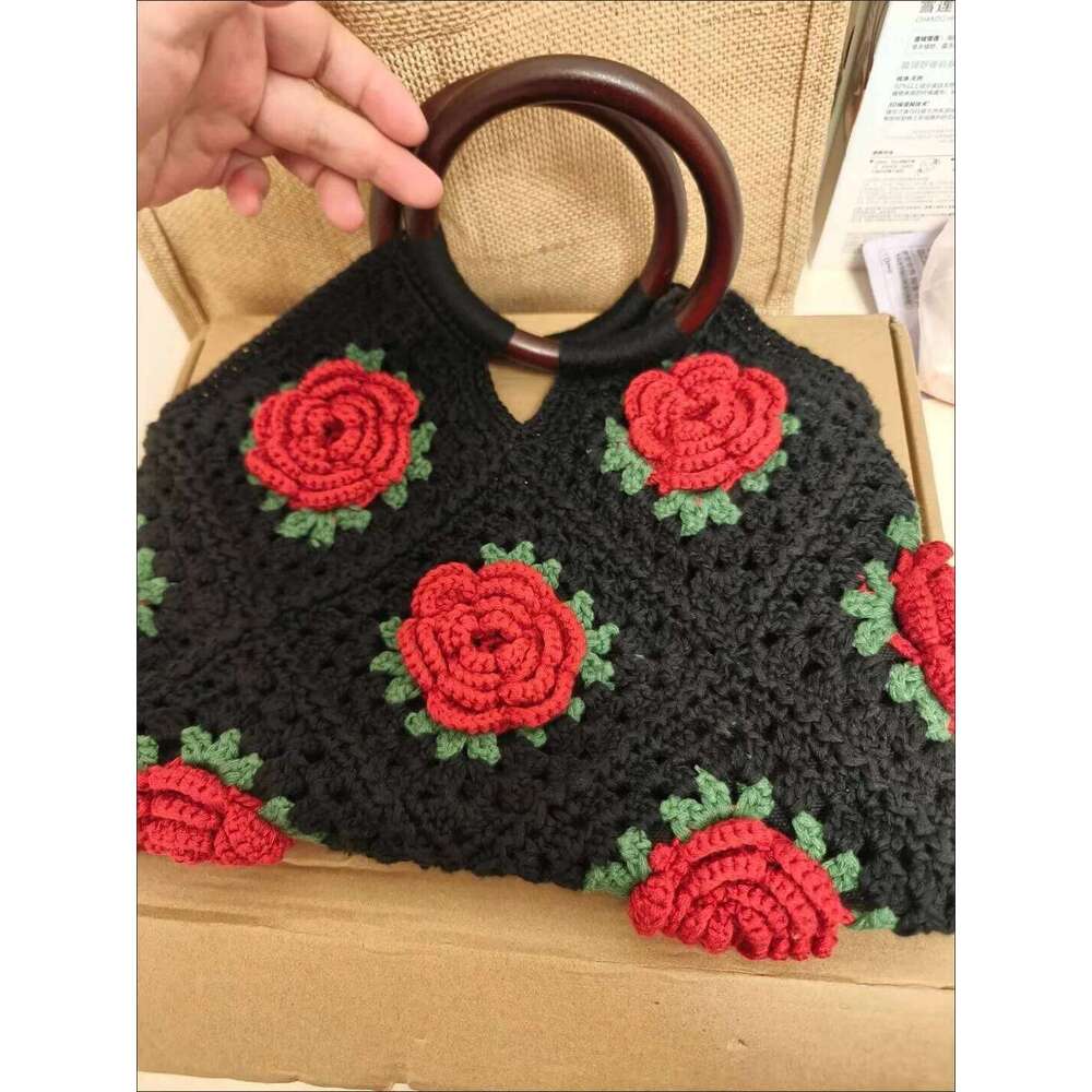 Rose Fashion Women's Crochet Handmade Flower Tote Bag Lady Exquisite Small Handbag WONST