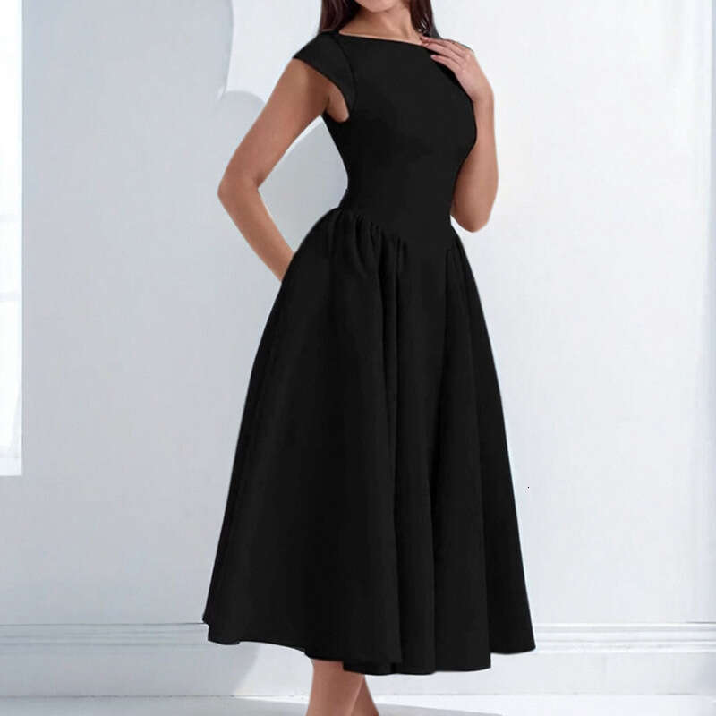 European and American cross-border women's clothing 2026 spring new elegant solid color backless patchwork waist-cinching mid-length dress