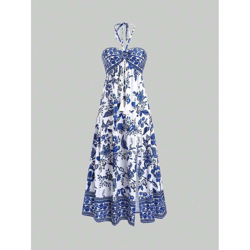 European and American Cross-Border Bohemian Women's Clothing Vacation Style Summer Fashion Slit Sexy Printed Tie Strap Tube Dress