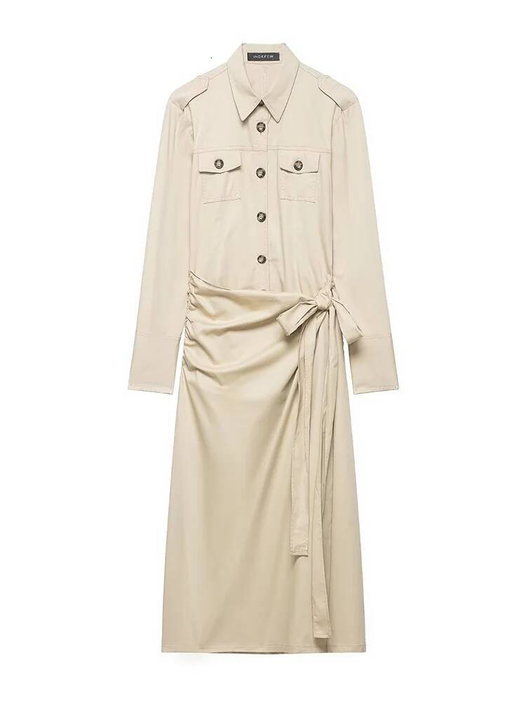 HH Woman Fashion Folds Strap Decoration Single Breasted Female Spring Long Sleeves Pockets Turn-down Collar Midi Dress