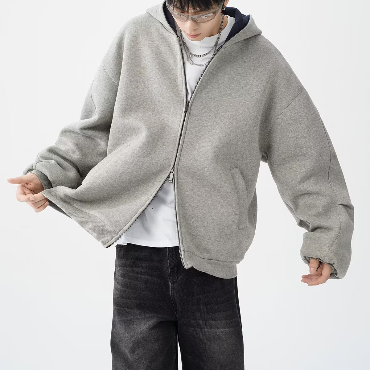 Double Zipper Heavyweight Cardigan Sweatshirt Men's Designer Hoodie Trendy Loose Casual Stiff Color-block Retro Hoodie Jacket For Men