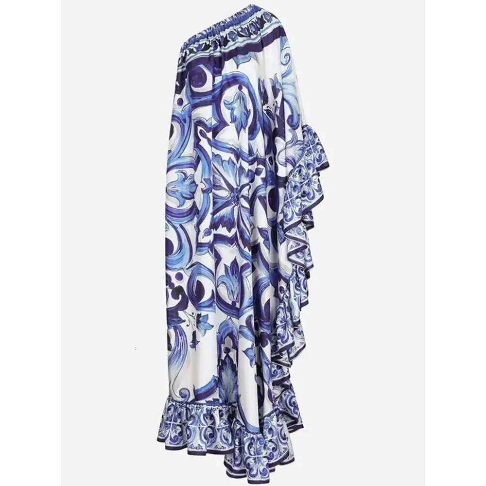 Summer Long Dress Women Runway Blue And White Porcelain Asymmetry Sexy Off The Shoulder Ruffles Hem Loose Robe Maxi Vestidos C260312