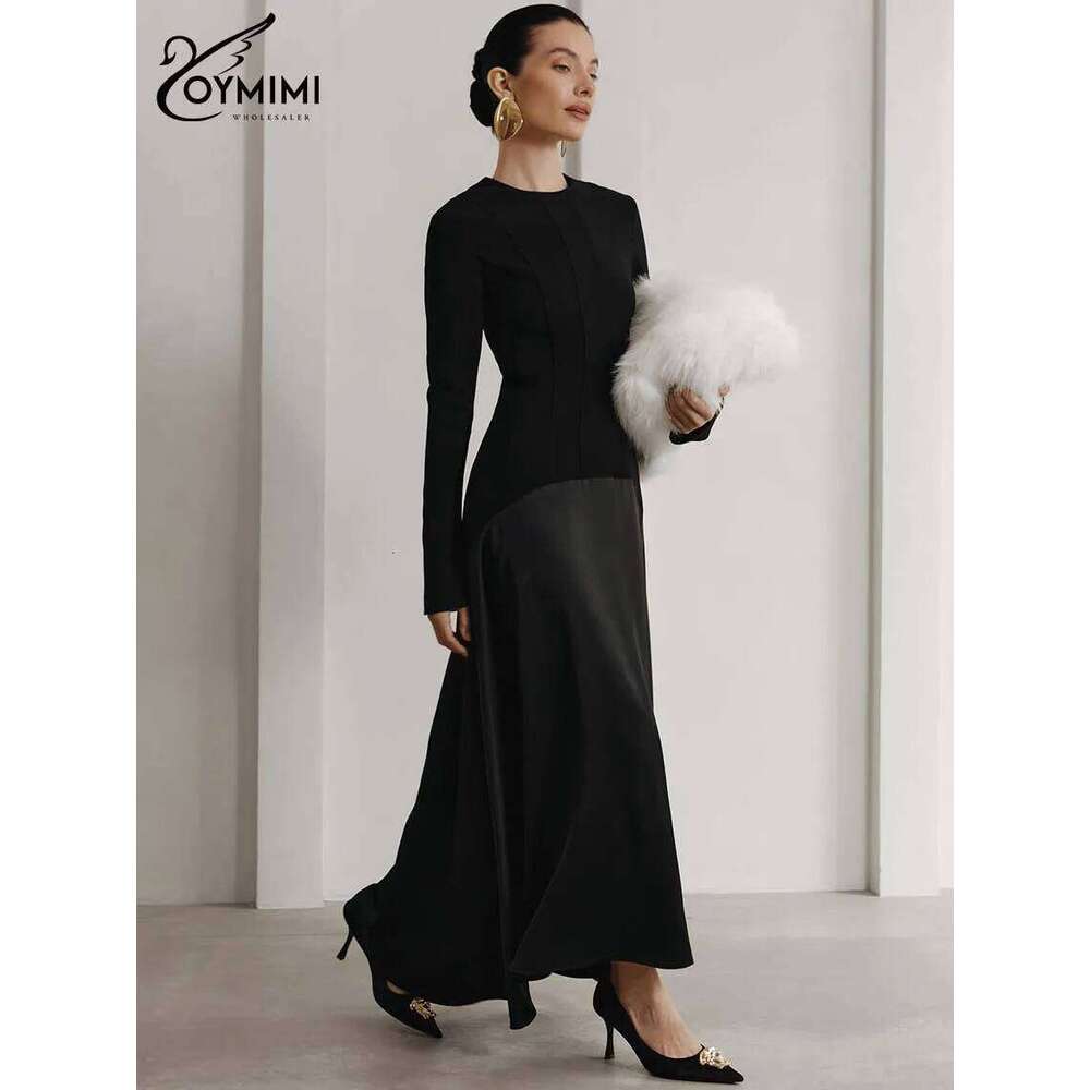 Oymimi Elegant Black O-Neck Womens Fashion Long Sleeve Patchwork Slim Dresses Casual New Straight Ankle-Length Dress C260312