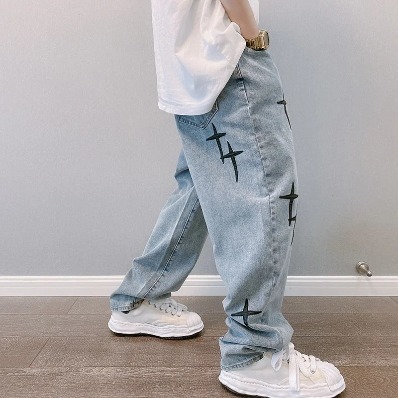 Prints Jeans Men Streetwear Baggy Wide Leg Jeans Korean Fashion Drapes Straight Casual Loose Denim Cargo Pants 260310