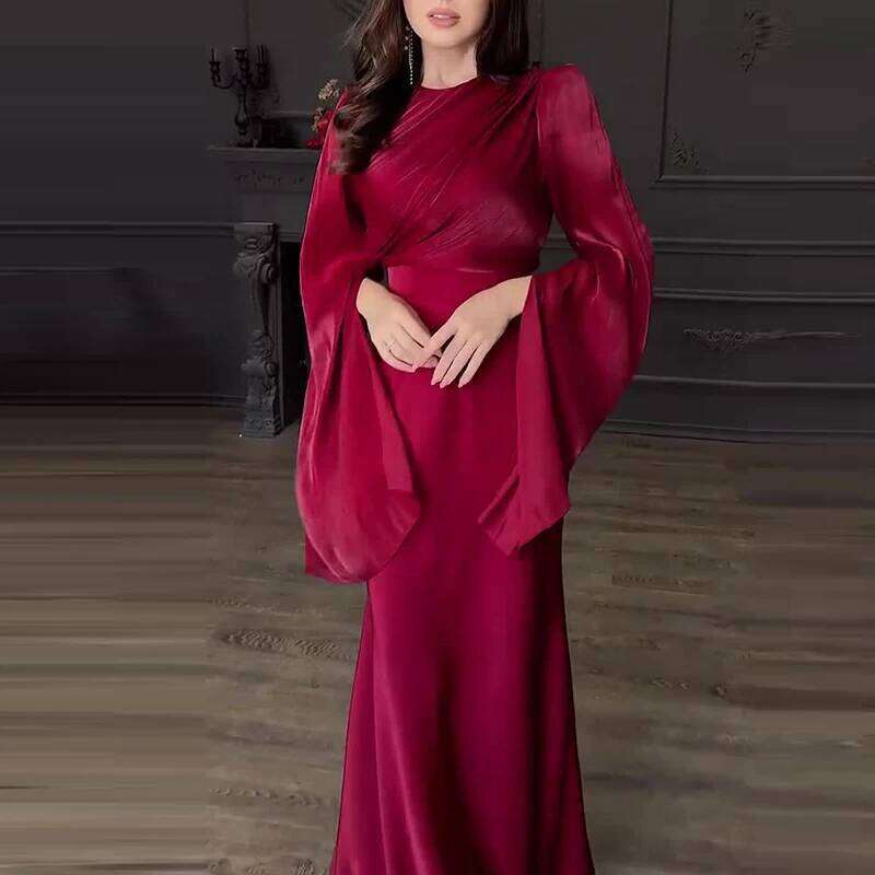 Vintage High Waisted Women Satin Dress New Ladies Temperament Crew Collar Elegant Slim Long Sleeve Banquet Dresses C260312
