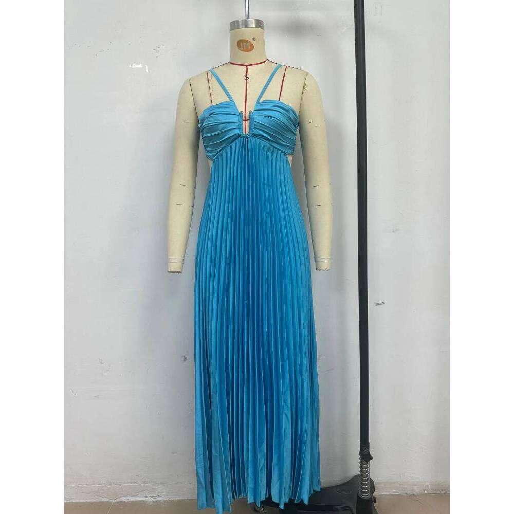 2025 New Women's Fashionable and Summer Camisole Beach Vacation Elegant Backless Pleated Long Dress C260312