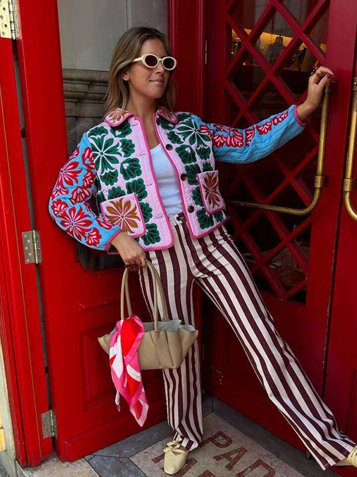 2025 Winter Women's Flower Print Parkas Lapel Single-Breasted Long Sleeve Pocket Quilted Coat Female Vintege Lady New In Outwear Asia Size