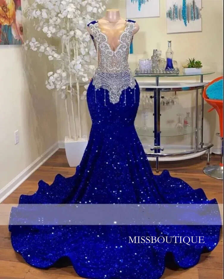 Sparkly Royal Blue Diamonds Mermaid Prom 2024 Glitter Sequins Lace Sheer Tulle Bead Crystal Rhinestones Vestidos De Fiesta Formal Party Evening Dress 
