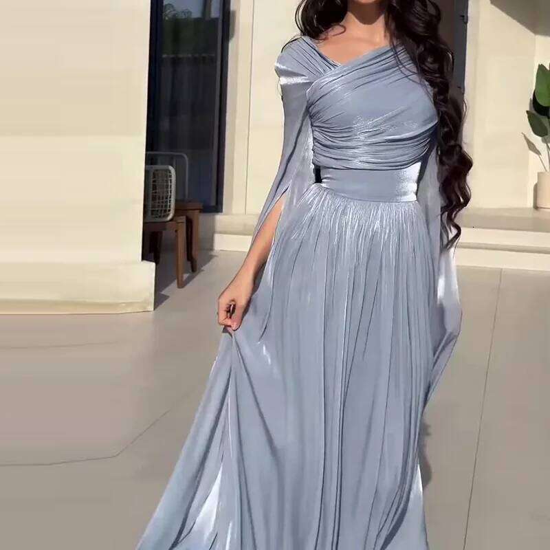 Elegant Slant Shoulder Draped Gowns Casual Split Sleeve Solid Party Women Fashion Hight Waist Slim Long Dress C260312