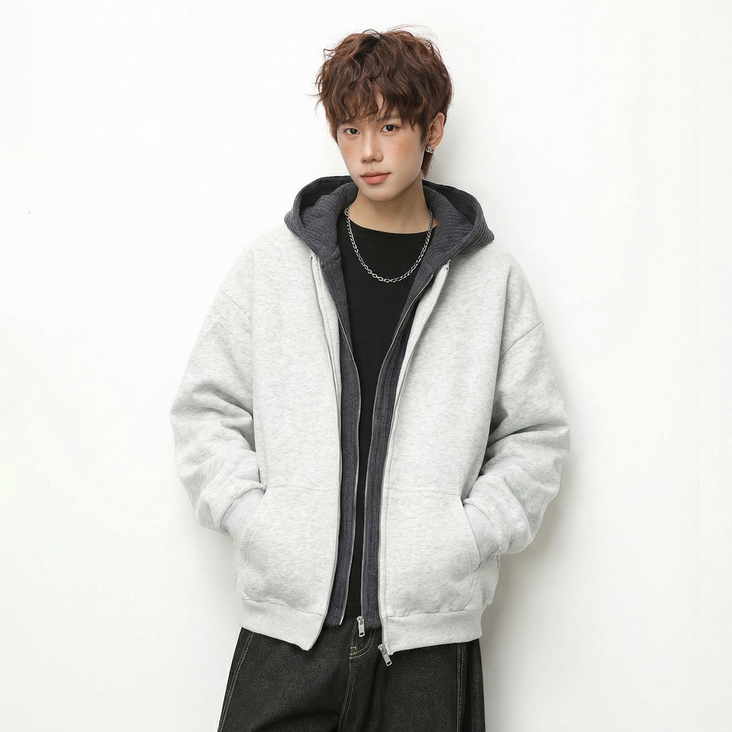 Color-block Knitted Patchwork Fake Two-piece Hooded Sweatshirt For Designer Hoodie Men Spring Heavy Texture Casual Hoodie Jacket