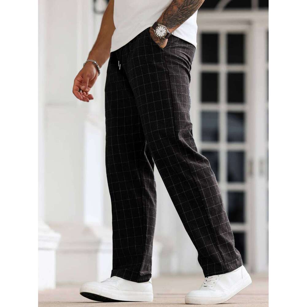 Mens Plaid Pants Solid Color Casual Straight-Leg Trousers Slim Fit Versatile Daily Home Pajamas for Travel And Holidays