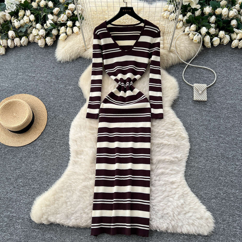 Korean style A15 fashion retro V-neck long sleeved color blocked striped knitted women's dress autumn and winter elastic waist sweater
