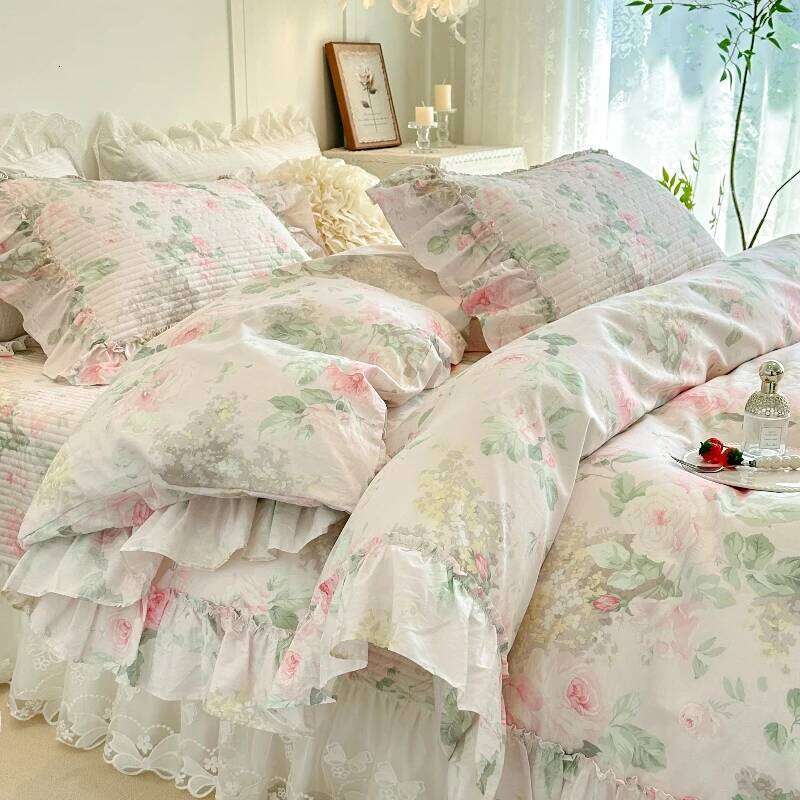 AI WINSURE-Romantic Cotton Duvet Cover Set, Double Bed, Lace Ruffle Bedspread, with 2 Pillowcases, Printed 4-Piece Set H260312