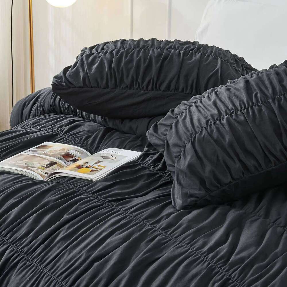 Ruched Black Duvet Soft and Twin Queen King Comforter Cover Boho Shabby Chic Bedding - Fluffy 2/3 Piece Set H260312
