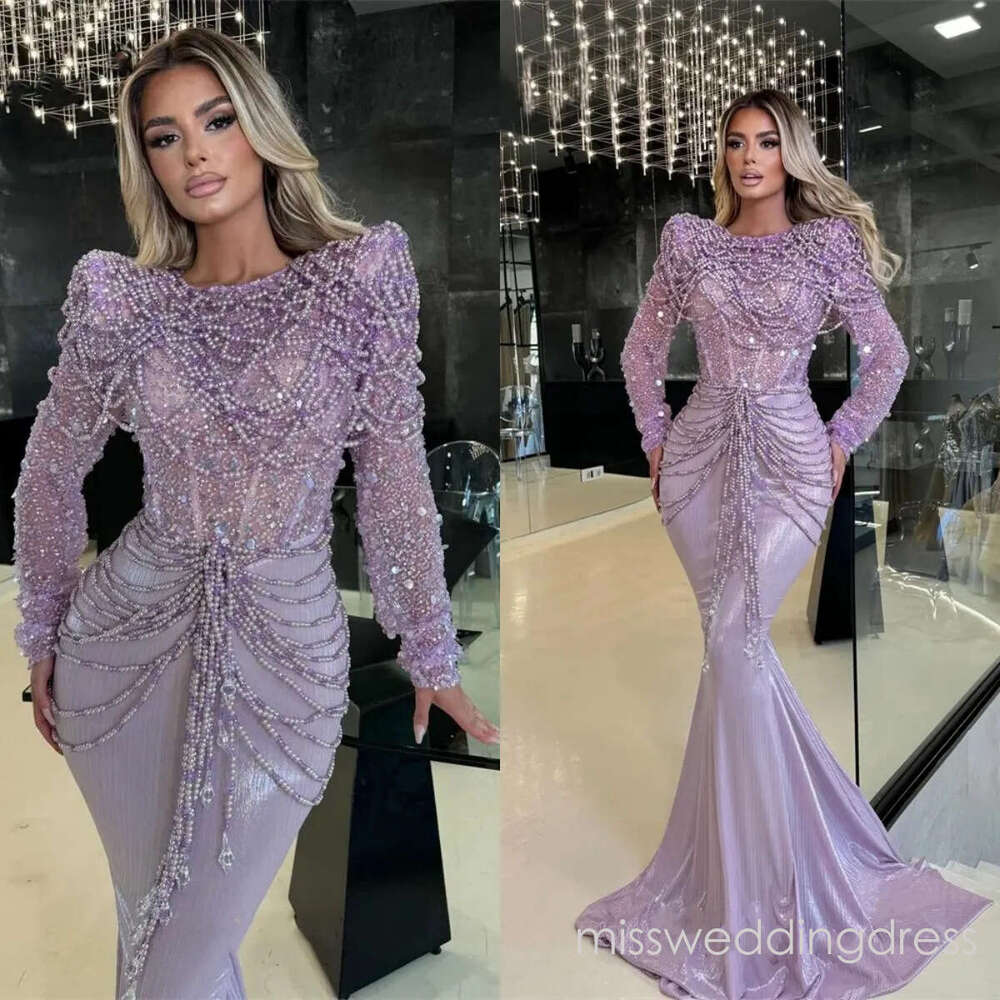 Elegant Evening Pearls Beading Prom Gowns Sequins Long Sleeves Tassel Mermaid Princess Party Dresses Custom Made Vestidos de noche