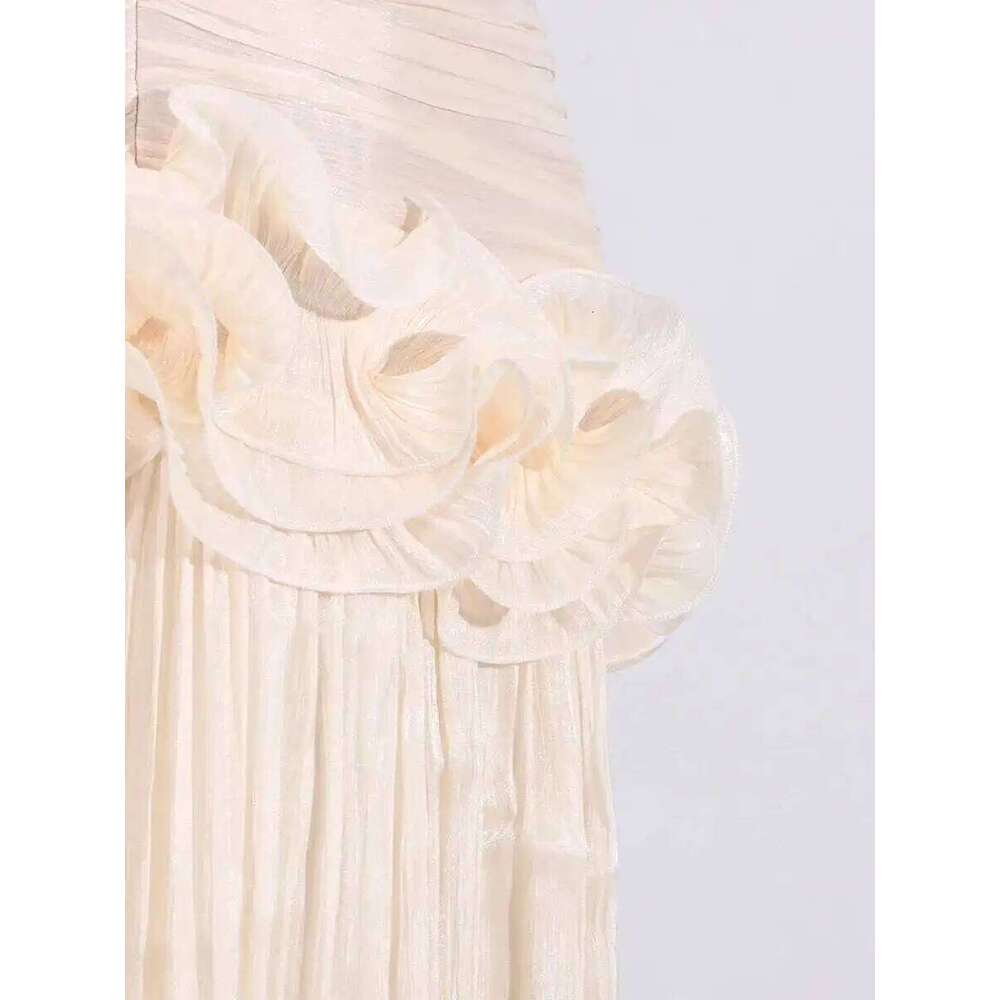 TWOTWINSTYLE Tempatement Patchwork Ruffle Slim Dress For Women Strapless High Waist Ruched Midi Elegant Dresses Female Fashion C260312