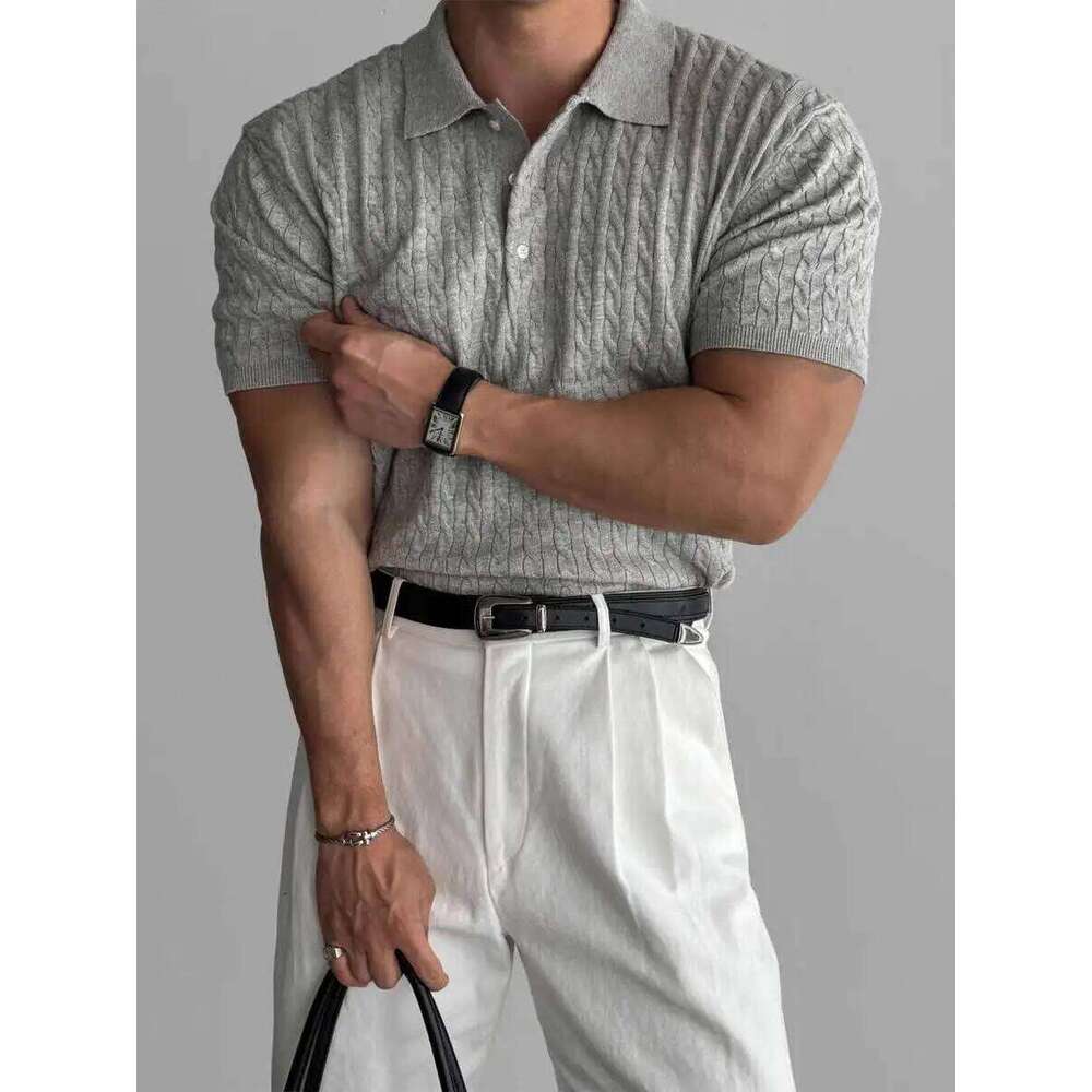 American Sle Hard Man Knitted Irt Muscle Men Slim Fit Elastic Ort Turn-Down Collar Sweatirt Tight Sve ...
