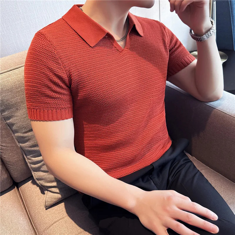 Men Knitted Polo Shirt Short Sleeved Summer Light Thin Hollow Solid Casual Top Elastic Slim Fit V-neck T-shirt Men Clothing 260311