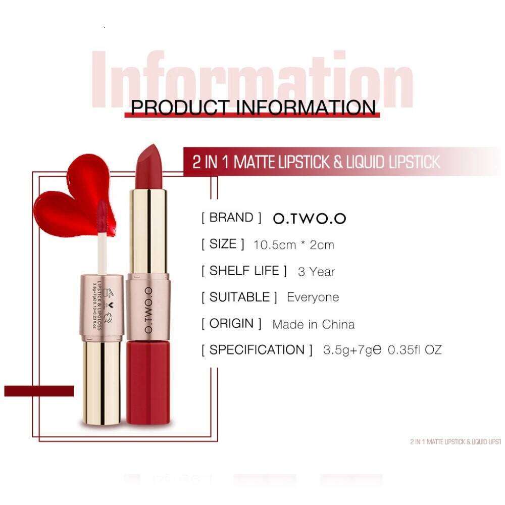O.TWO.O 2 IN 1 Matte Lipstick&Liquid Lipstick 12 Colors Makeup Glaze Waterproof Batom Lip Cosmetics Silky Texture W260311