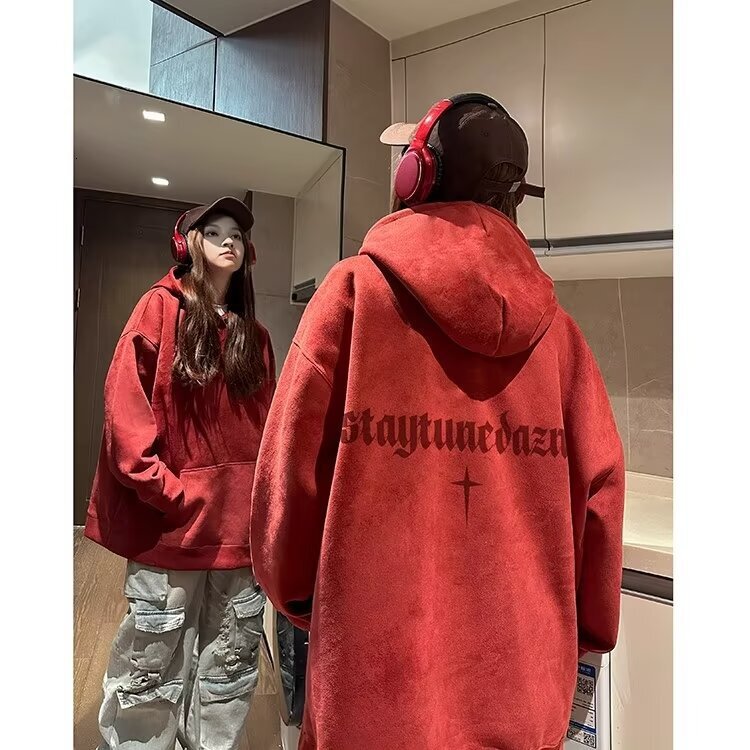 Men's Suede Letter Print Hoodie Autumn And High Street Designer Hoodie Vibe Trendy Brand Stylish And Loose-fitting Heavy-duty Clothing