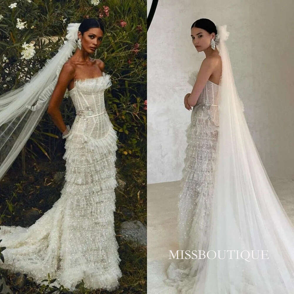 Mermaid Style Dresses, Strapless Tulle Wedding Dress With Tiered Skirt, Sequins, And Bow Knot Detail - Elegant Bridal Gown Bc20899 B0312